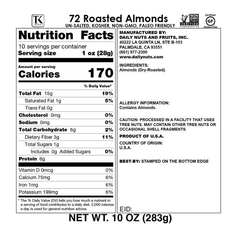 72 Hour Just Roasted Almonds | Unsalted | 10oz | 8 Pack